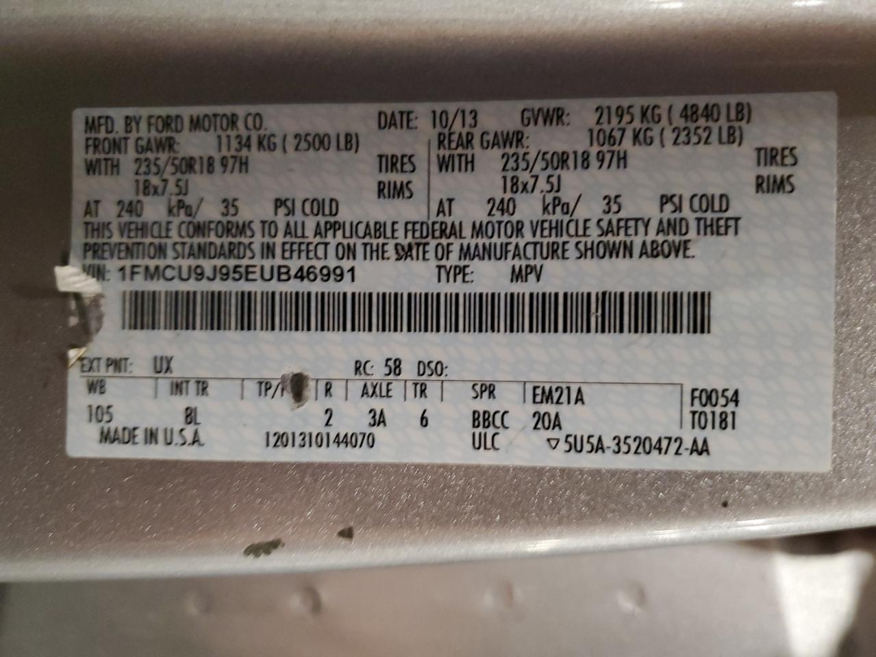 2014 Ford Escape Titanium VIN: 1FMCU9J95EUB46991 Lot: 83803345