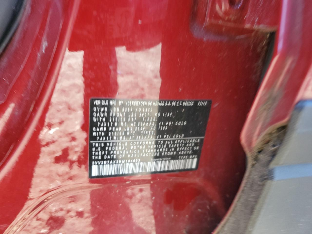 2019 Volkswagen Tiguan Se VIN: 3VV2B7AX3KM104653 Lot: 81903425