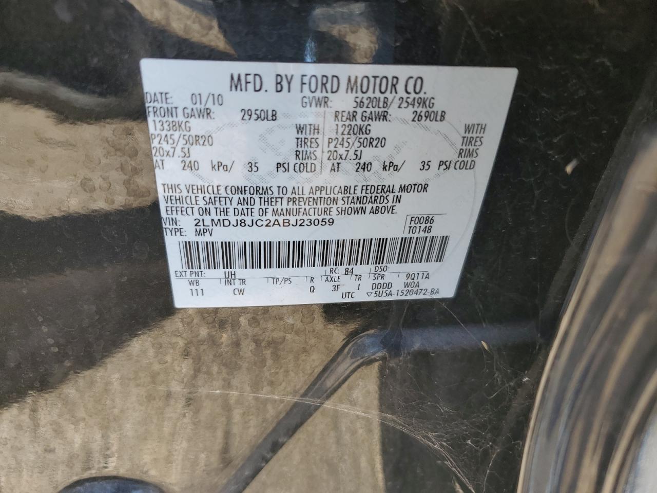 2010 Lincoln Mkx VIN: 2LMDJ8JC2ABJ23059 Lot: 81131555