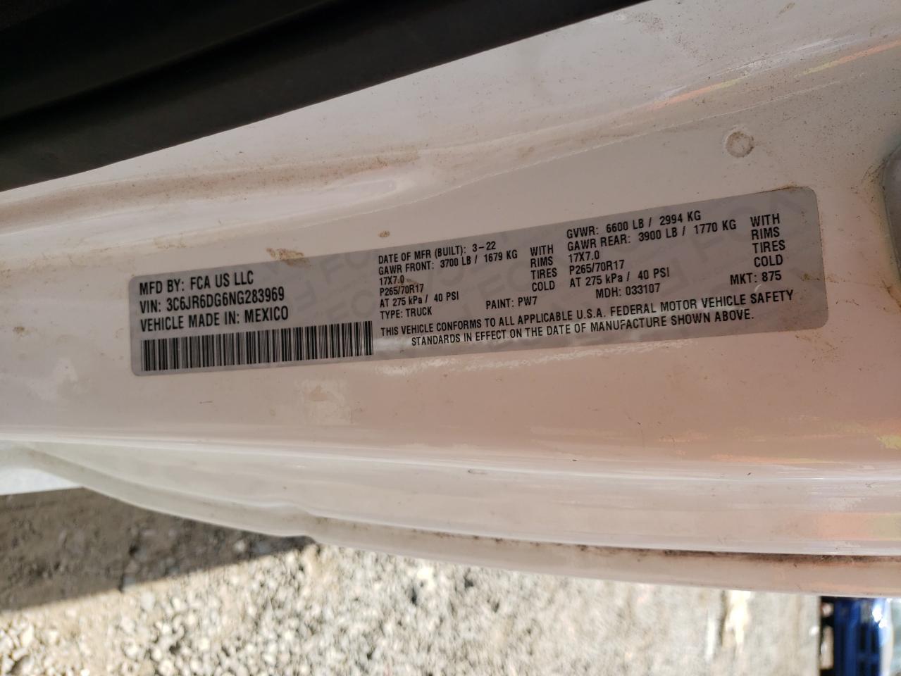 2022 Ram 1500 Classic Tradesman VIN: 3C6JR6DG6NG283969 Lot: 89832195