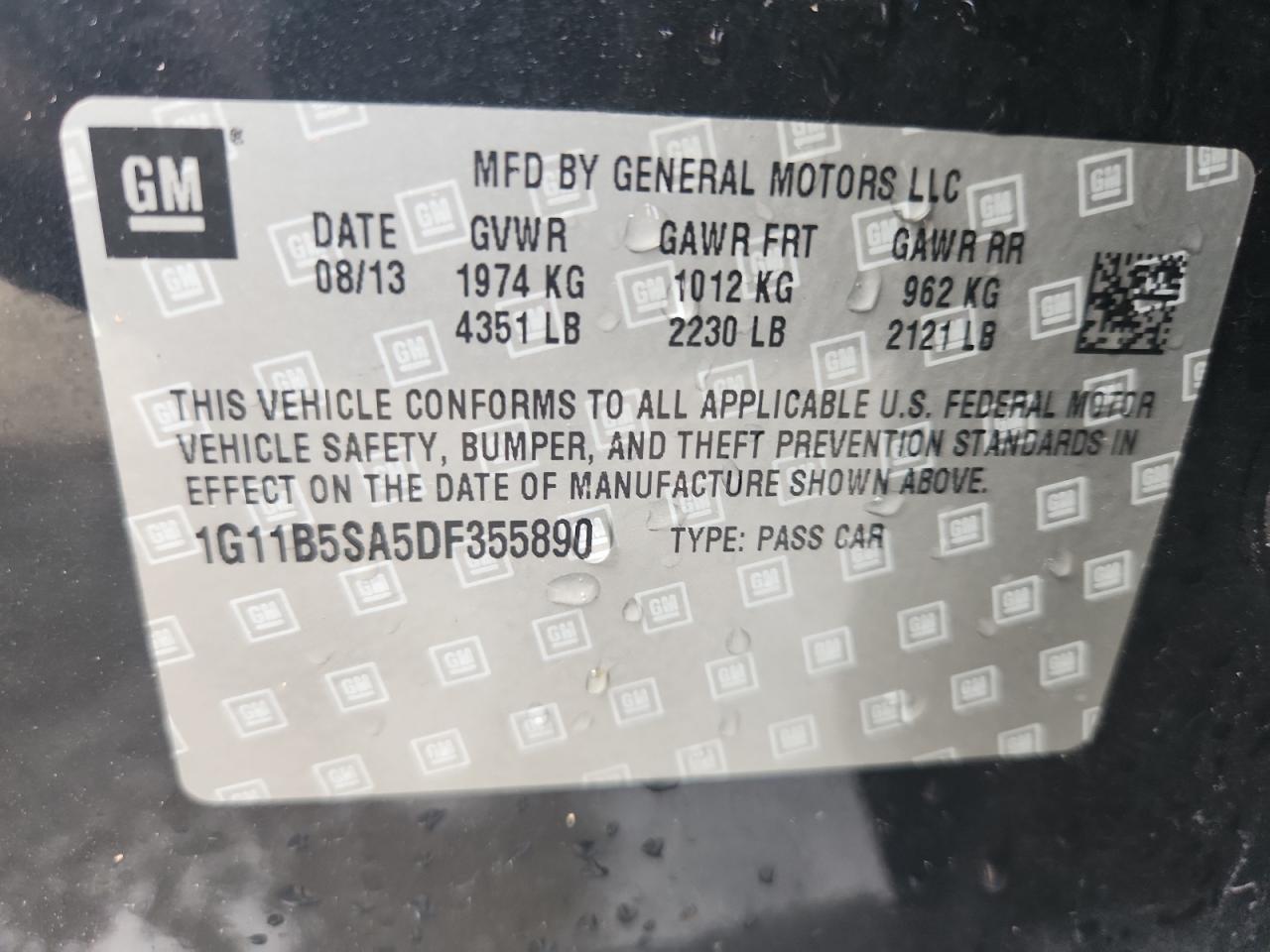 2013 Chevrolet Malibu Ls VIN: 1G11B5SA5DF355890 Lot: 82035045