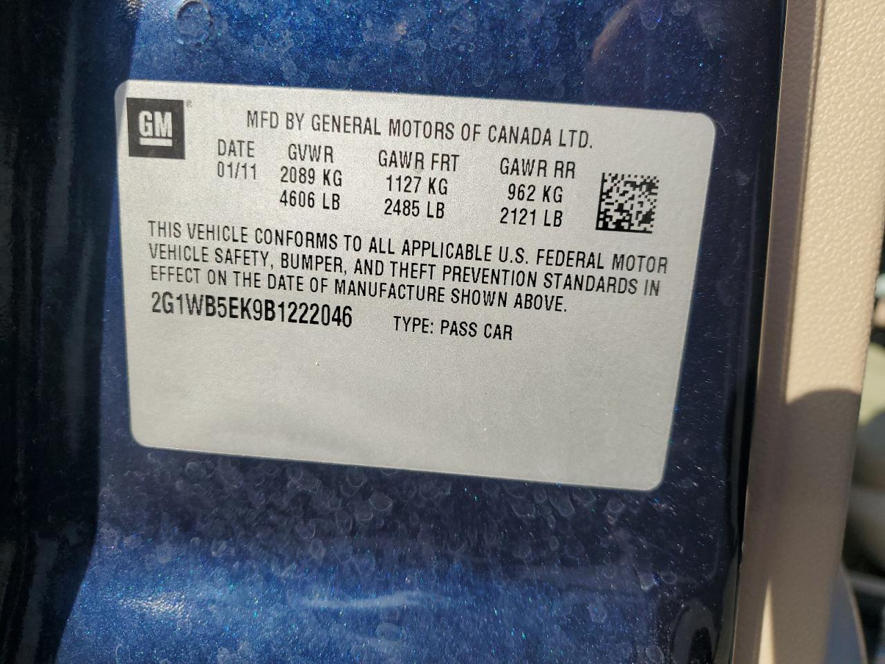 2011 Chevrolet Impala Lt VIN: 2G1WB5EK9B1222046 Lot: 70129925