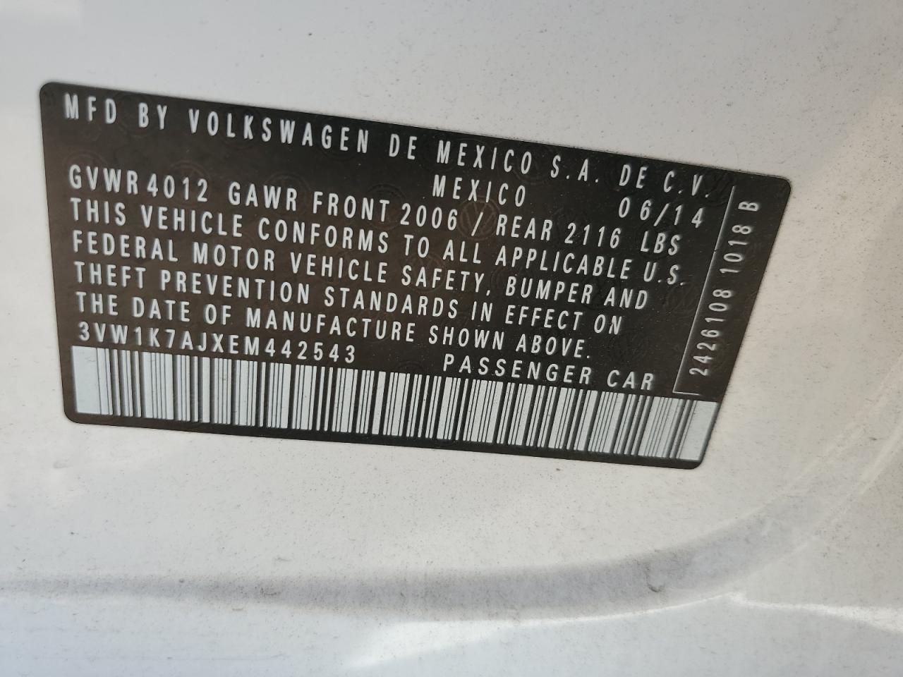 2014 Volkswagen Jetta Base VIN: 3VW1K7AJXEM442543 Lot: 84704455