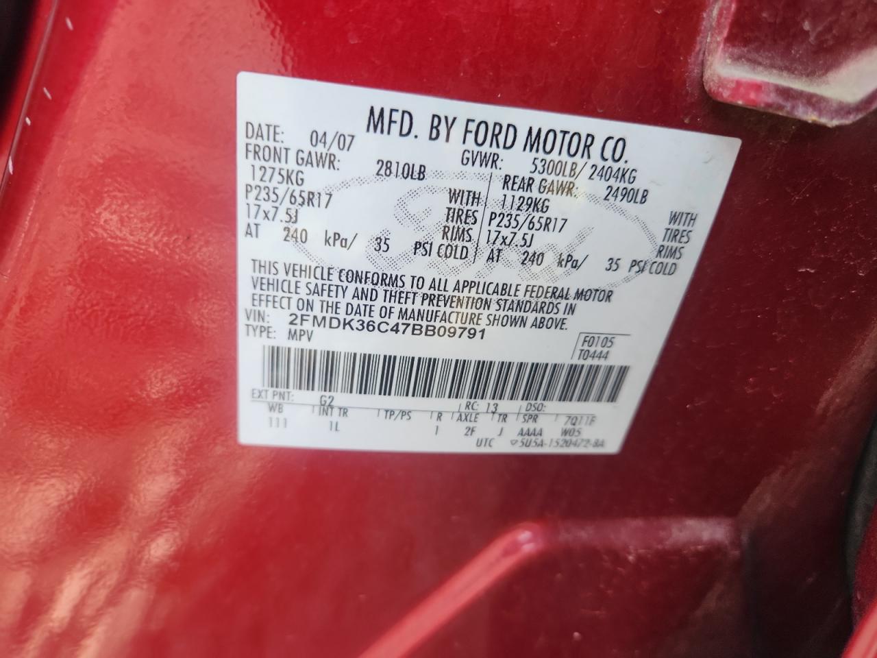 2007 Ford Edge Se VIN: 2FMDK36C47BB09791 Lot: 81288855