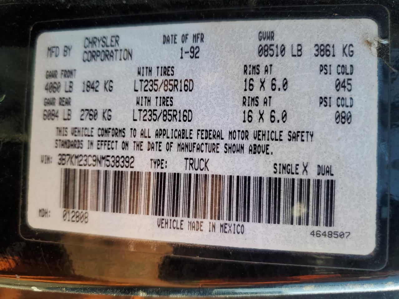 1992 Dodge W-Series W200 VIN: 3B7KM23C9NM538392 Lot: 81023365