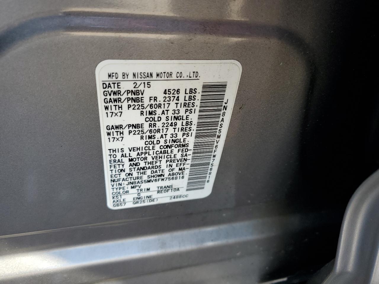 2015 Nissan Rogue Select S VIN: JN8AS5MV6FW756816 Lot: 82000115