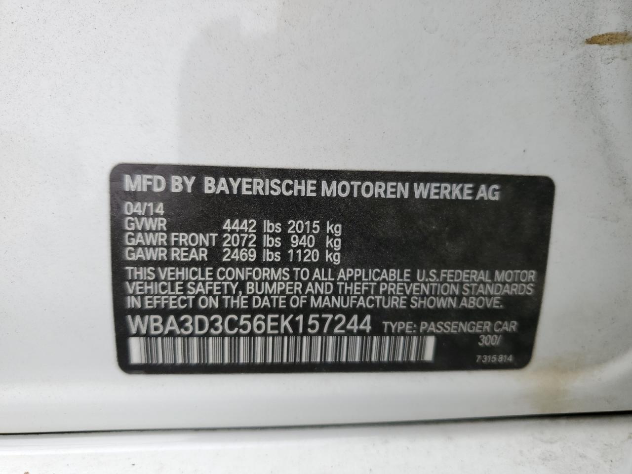 2014 BMW 328 D VIN: WBA3D3C56EK157244 Lot: 71749865