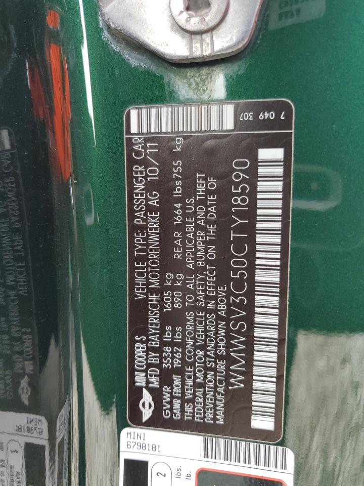 2012 Mini Cooper S VIN: WMWSV3C50CTY18590 Lot: 81165735