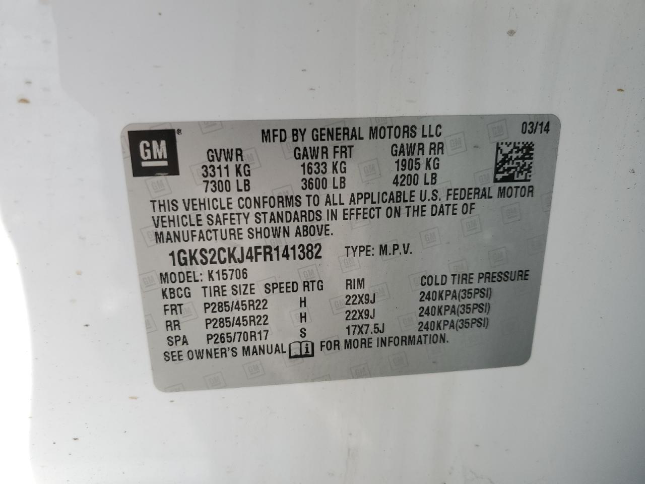 2015 GMC Yukon Denali VIN: 1GKS2CKJ4FR141382 Lot: 80443405