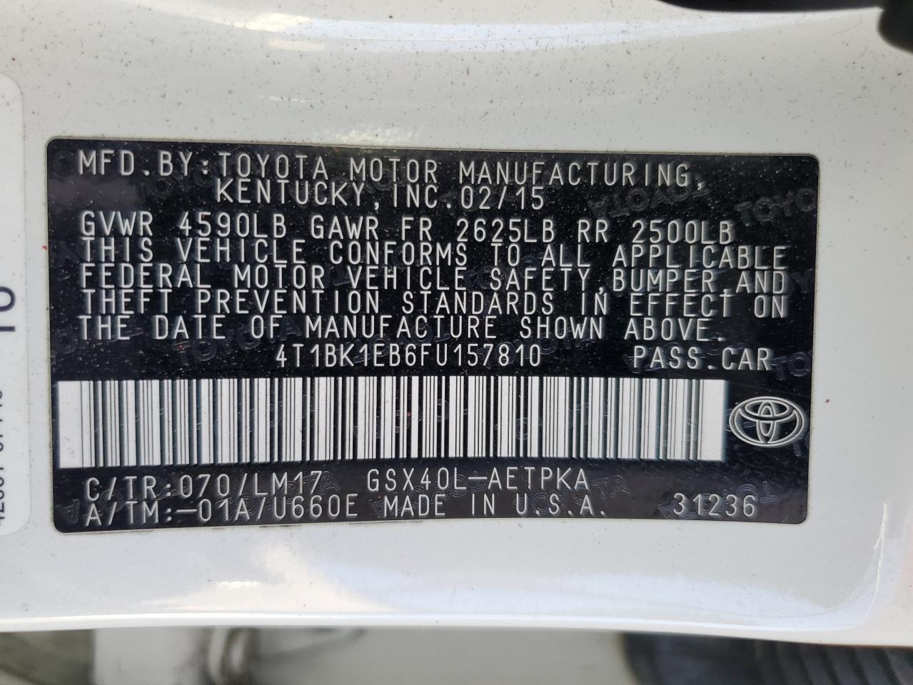 2015 Toyota Avalon Xle VIN: 4T1BK1EB6FU157810 Lot: 71973295