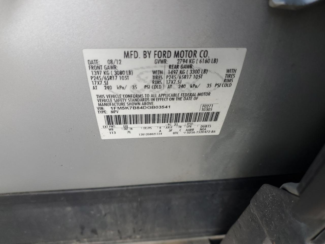 2013 Ford Explorer VIN: 1FM5K7B84DGB03541 Lot: 80872615