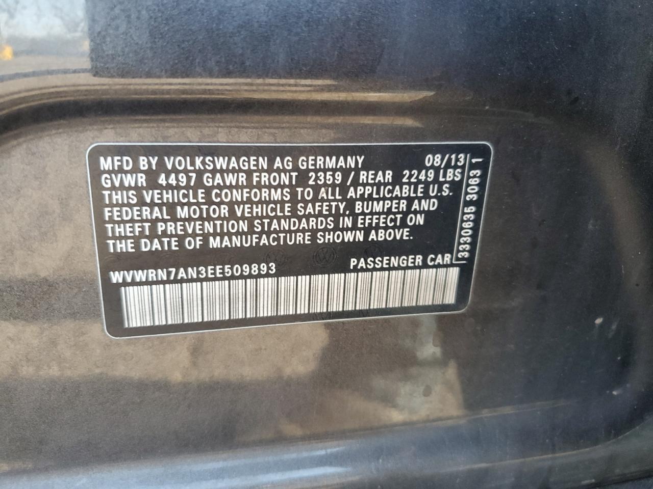 2014 Volkswagen Cc Luxury VIN: WVWRN7AN3EE509893 Lot: 72015465