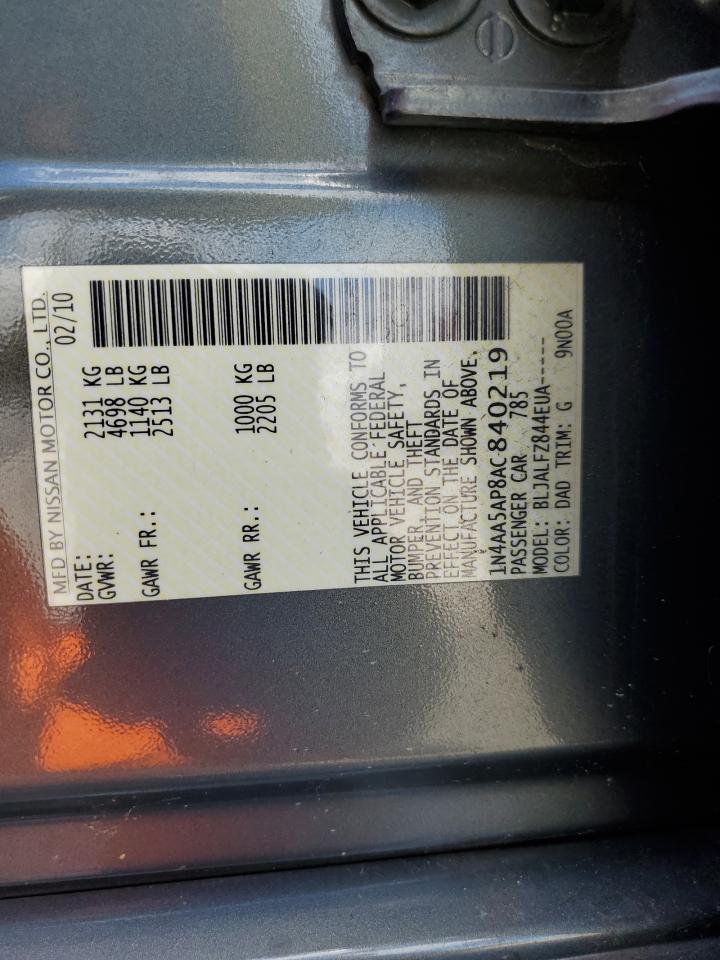 2010 Nissan Maxima S VIN: 1N4AA5AP8AC840219 Lot: 70709265