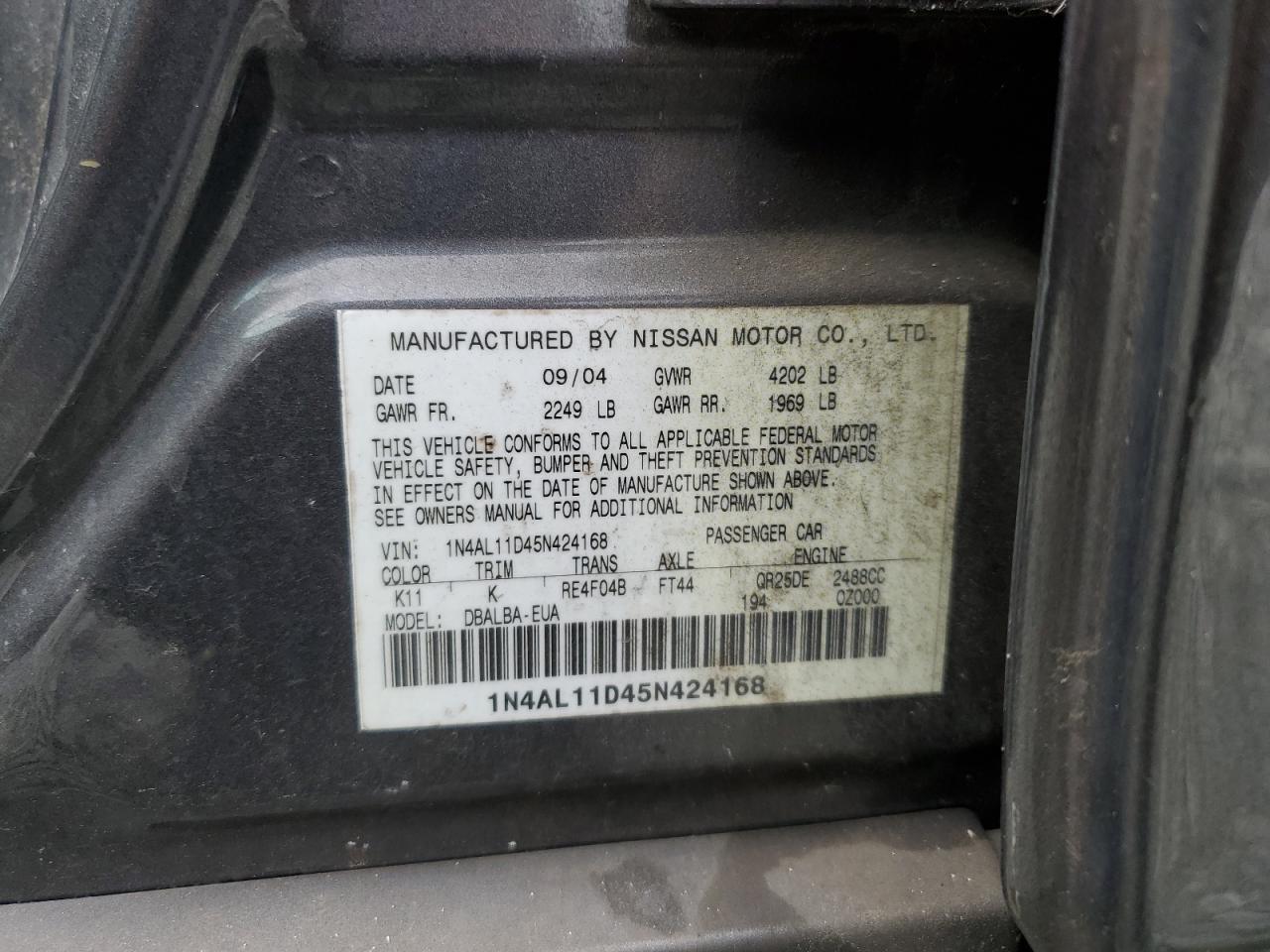 2005 Nissan Altima S VIN: 1N4AL11D45N424168 Lot: 81183835