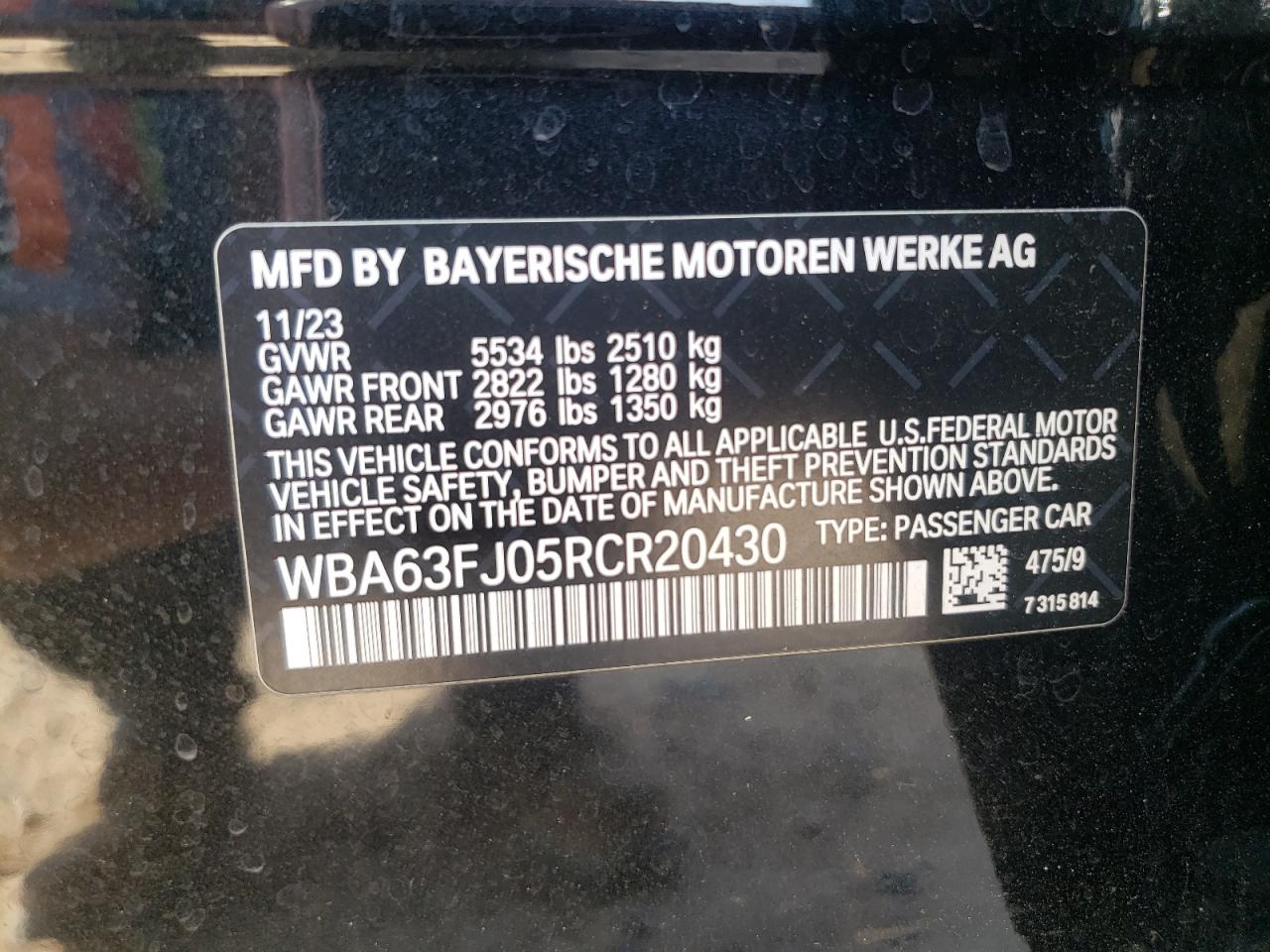 2024 BMW 540 Xi VIN: WBA63FJ05RCR20430 Lot: 71538585