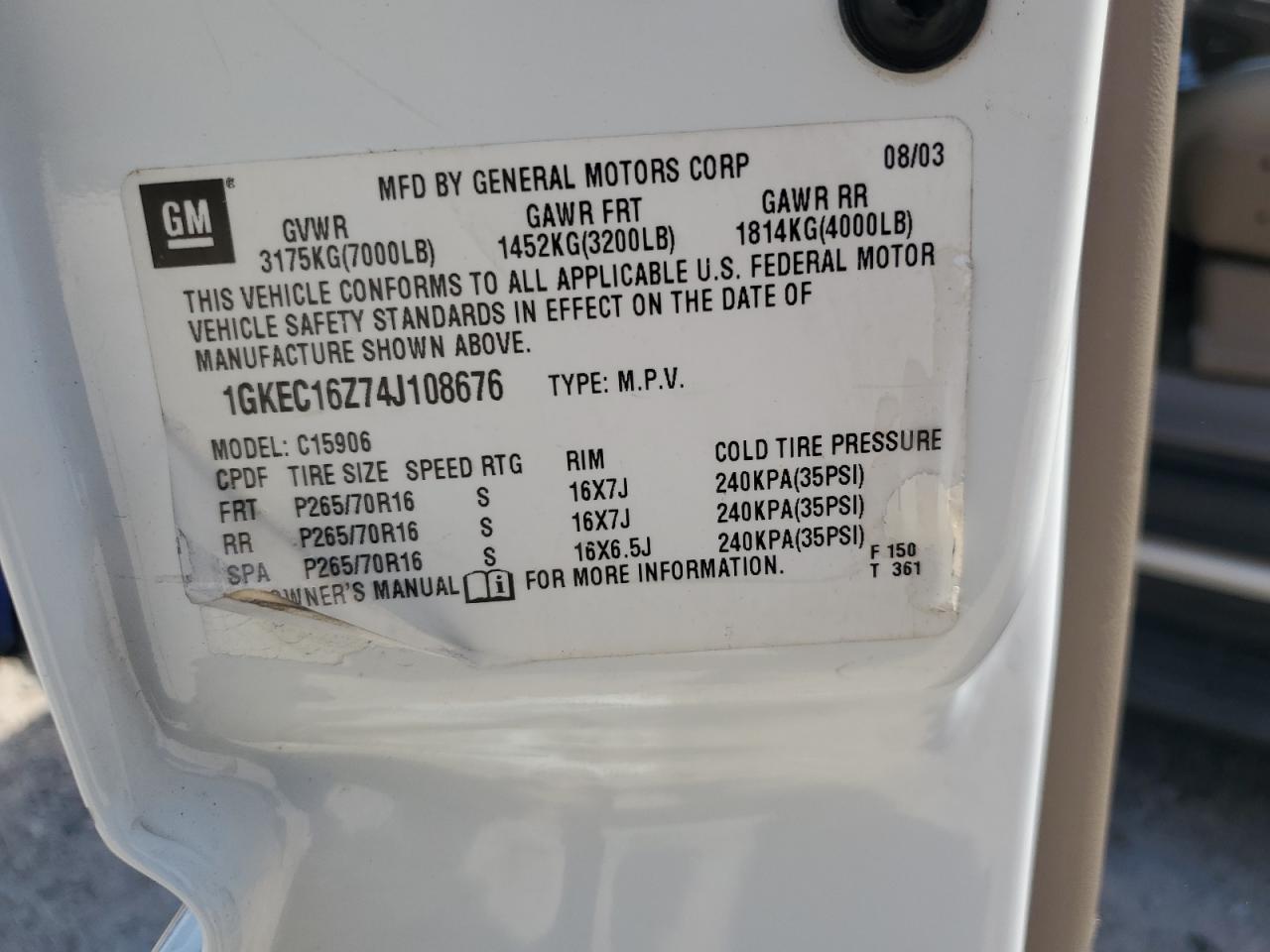 2004 GMC Yukon Xl C1500 VIN: 1GKEC16Z74J108676 Lot: 71526665