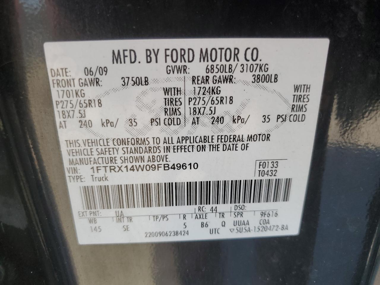 2009 Ford F150 Super Cab VIN: 1FTRX14W09FB49610 Lot: 80487055