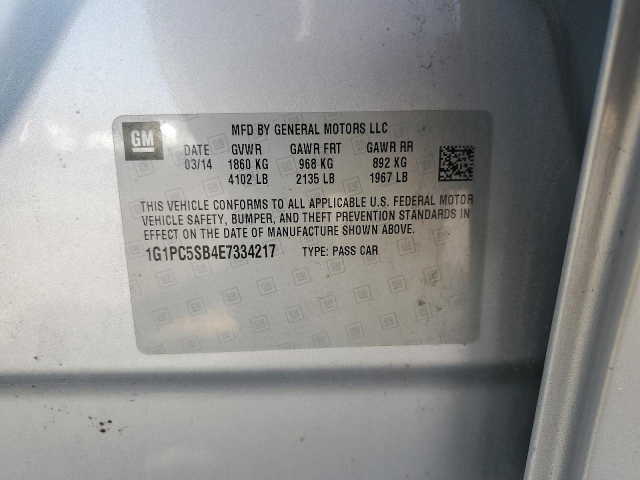 2014 Chevrolet Cruze Lt VIN: 1G1PC5SB4E7334217 Lot: 81377915