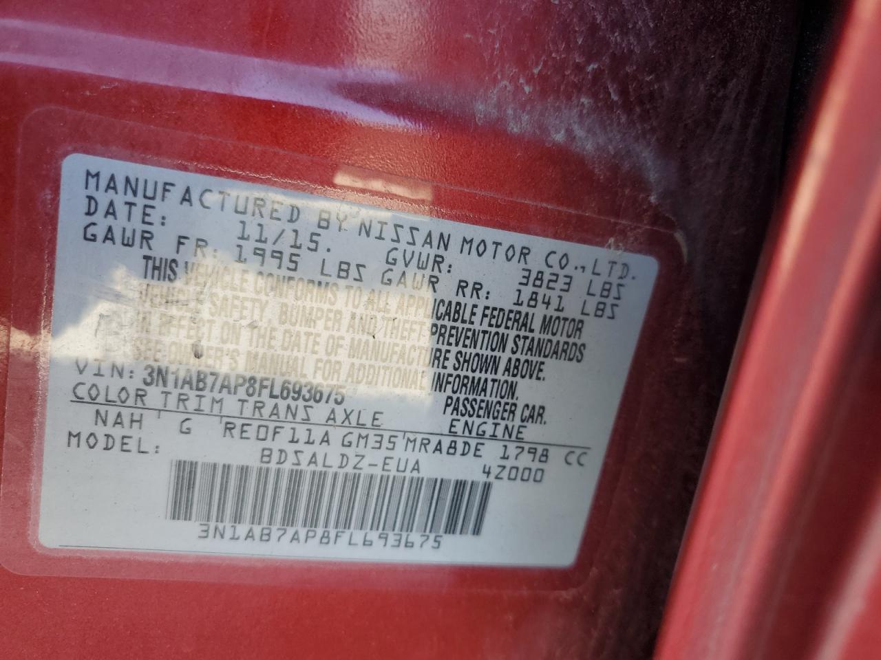 2015 Nissan Sentra S VIN: 3N1AB7AP8FL693675 Lot: 84286395