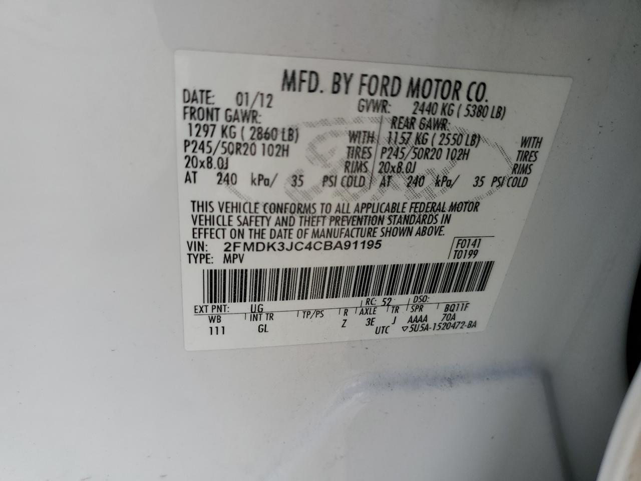 2012 Ford Edge Sel VIN: 2FMDK3JC4CBA91195 Lot: 81523135