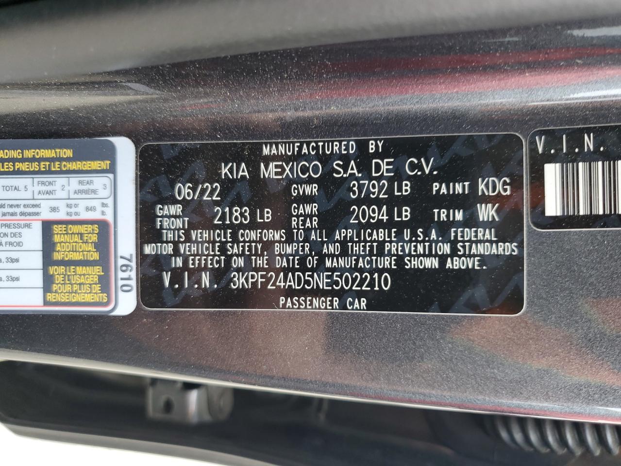 2022 Kia Forte Fe VIN: 3KPF24AD5NE502210 Lot: 84059165