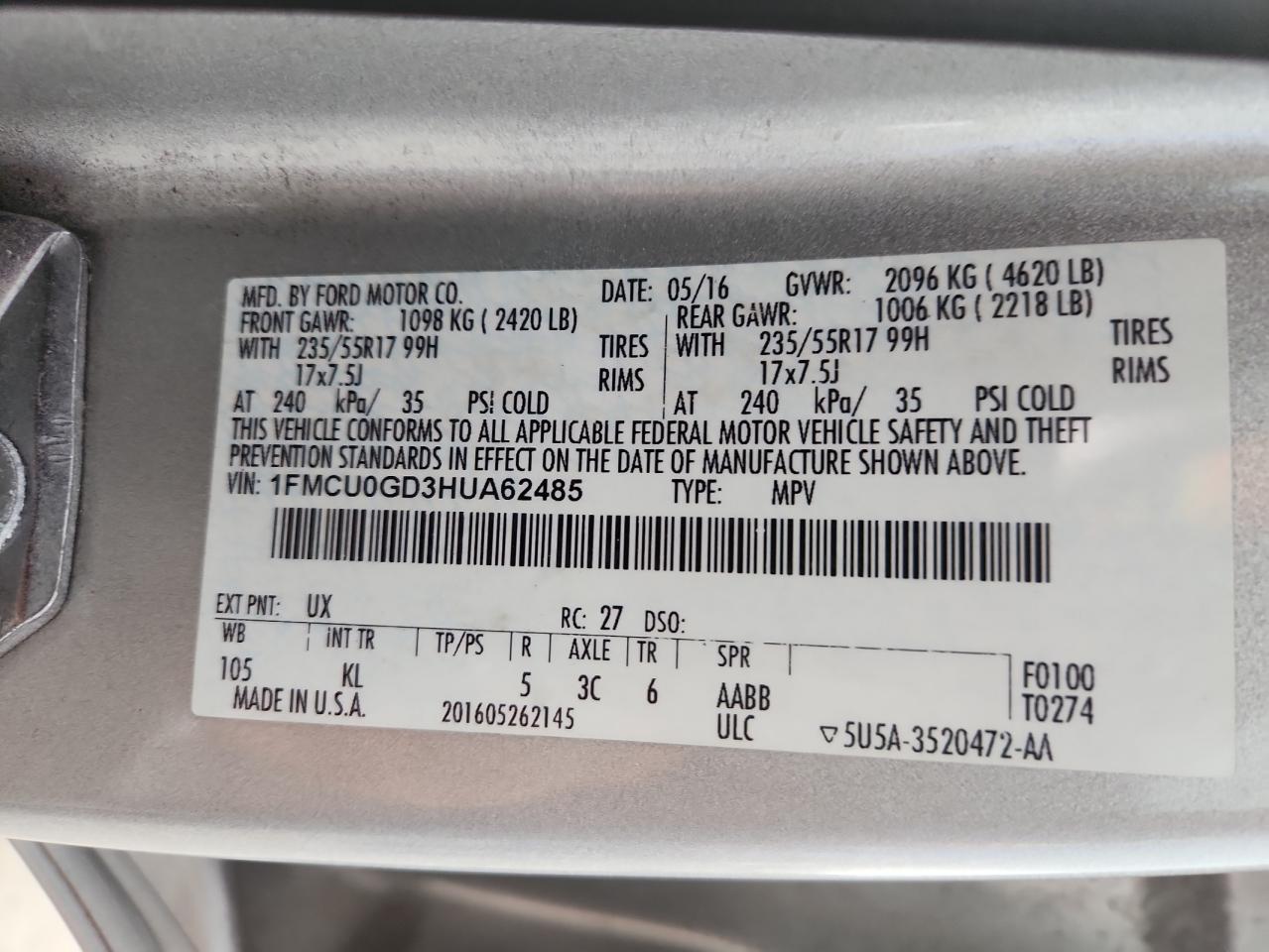 2017 Ford Escape Se VIN: 1FMCU0GD3HUA62485 Lot: 81154035