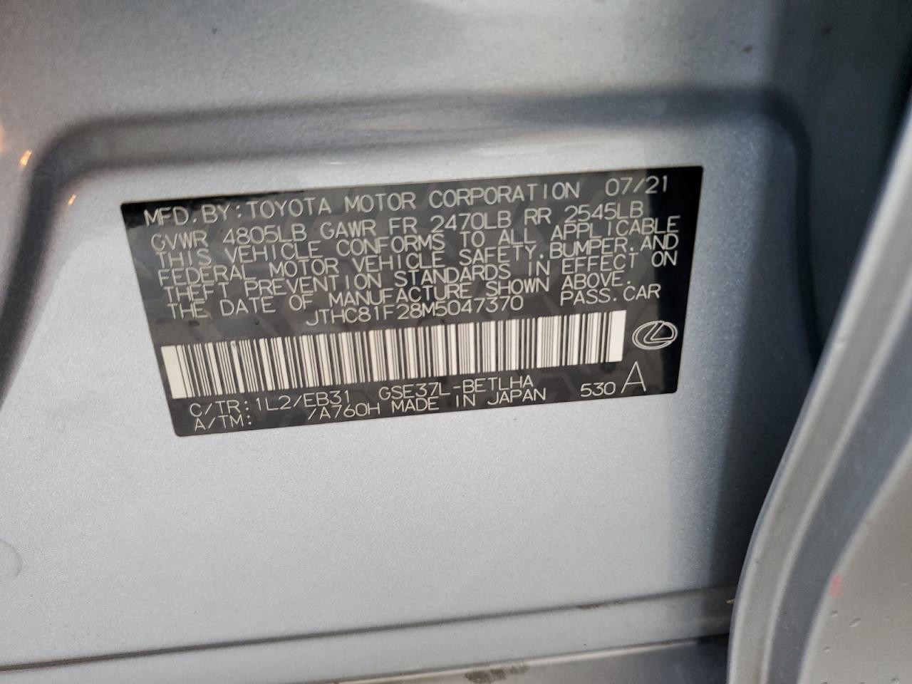 2021 Lexus Is 300 VIN: JTHC81F28M5047370 Lot: 81123085