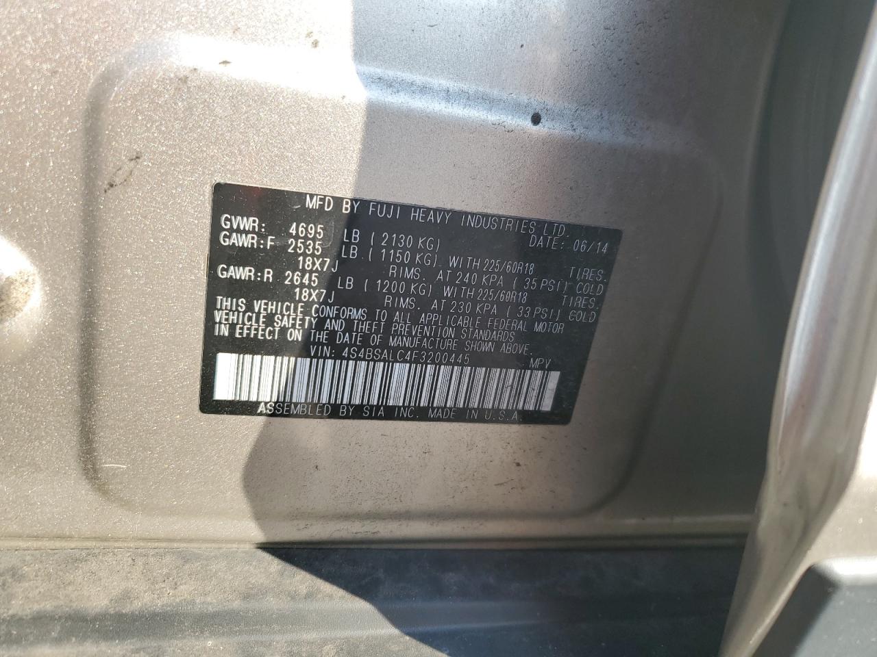 2015 Subaru Outback 2.5I Limited VIN: 4S4BSALC4F3200445 Lot: 80664245