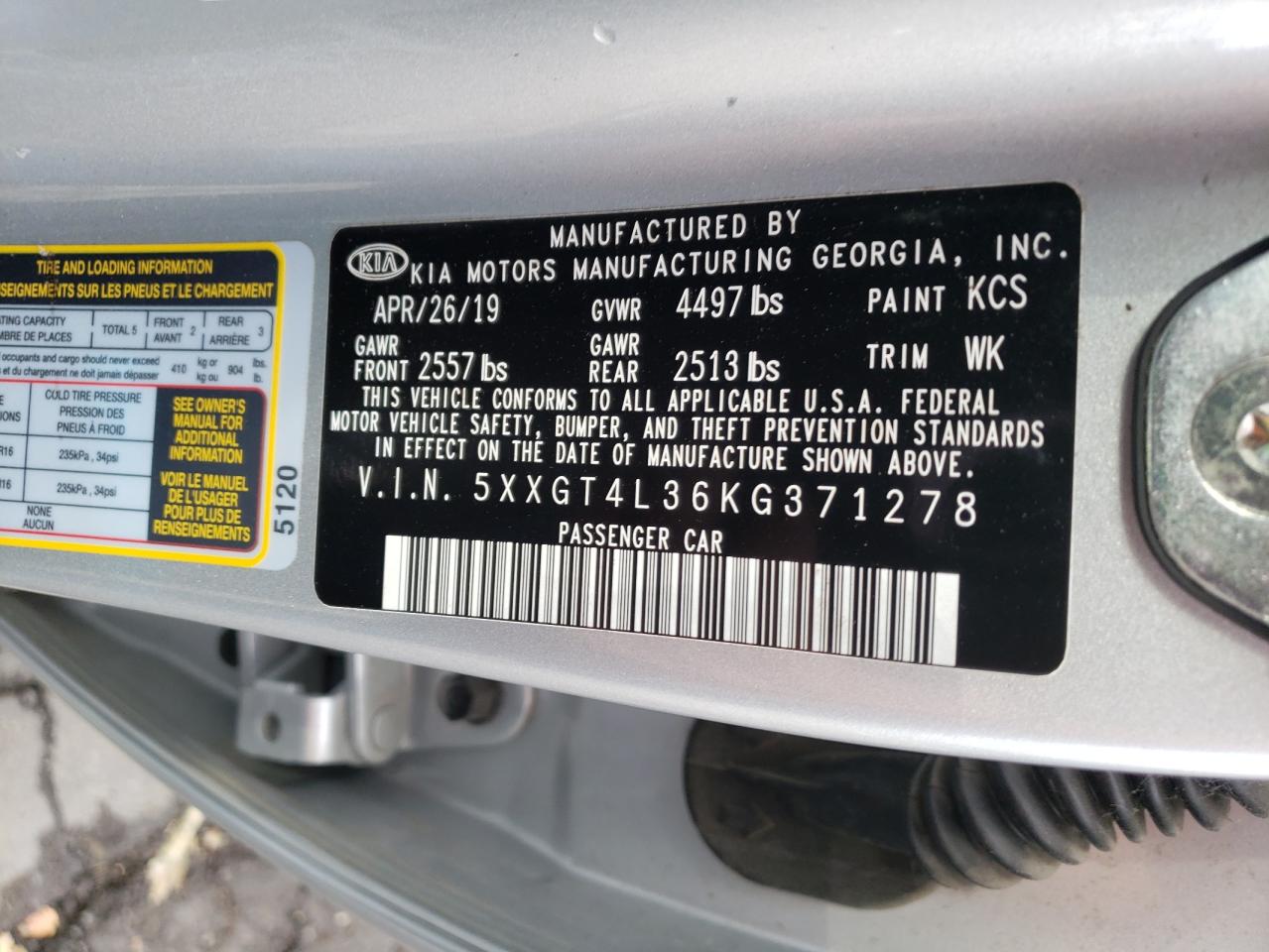 2019 Kia Optima Lx VIN: 5XXGT4L36KG371278 Lot: 71985445