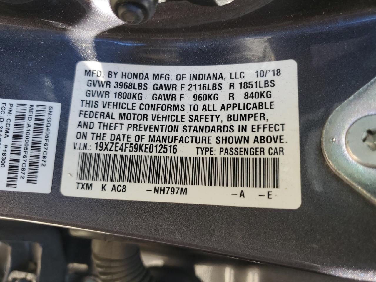 2019 Honda Insight Ex VIN: 19XZE4F59KE012516 Lot: 72016185