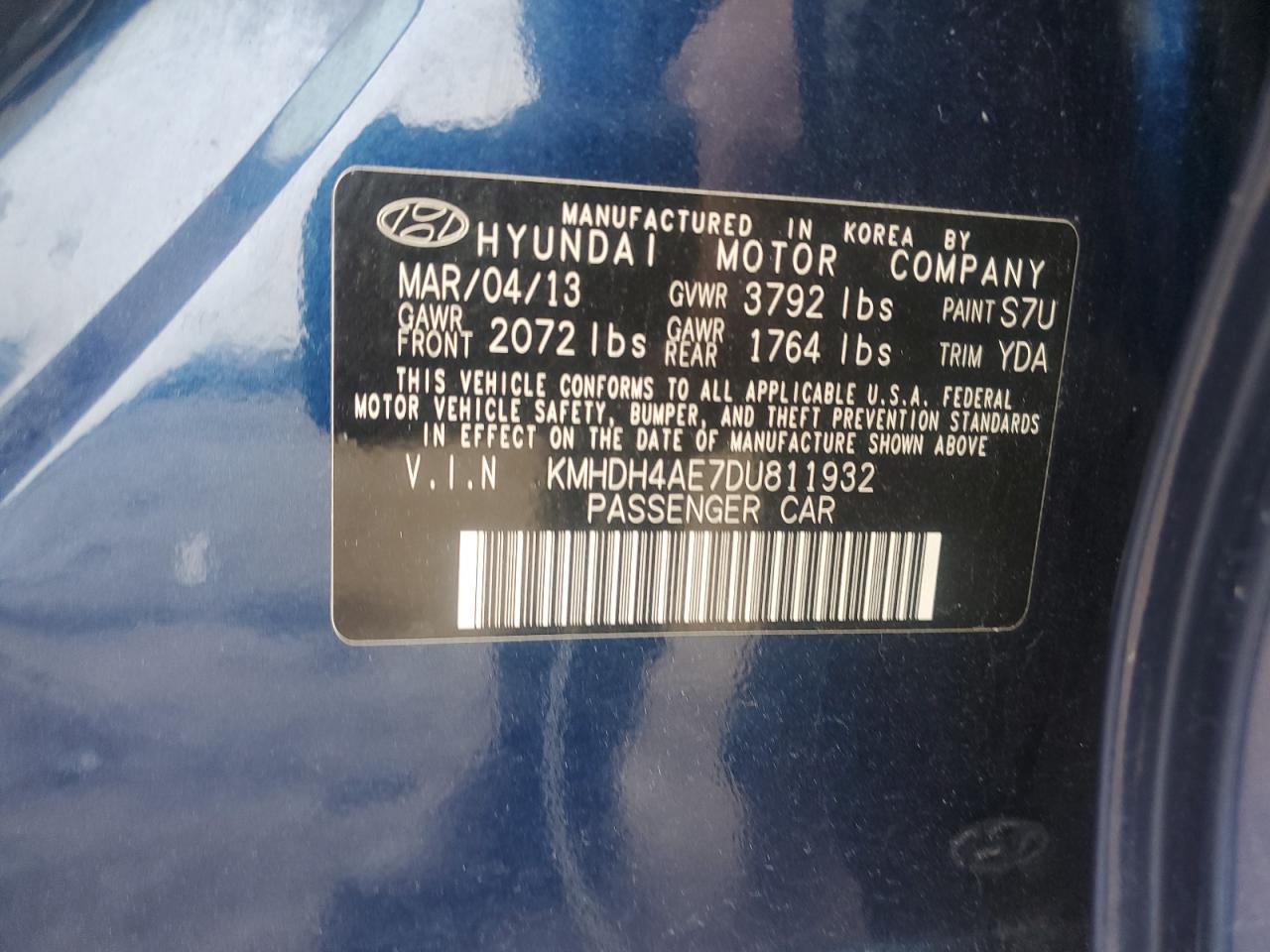 2013 Hyundai Elantra Gls VIN: KMHDH4AE7DU811932 Lot: 84835805
