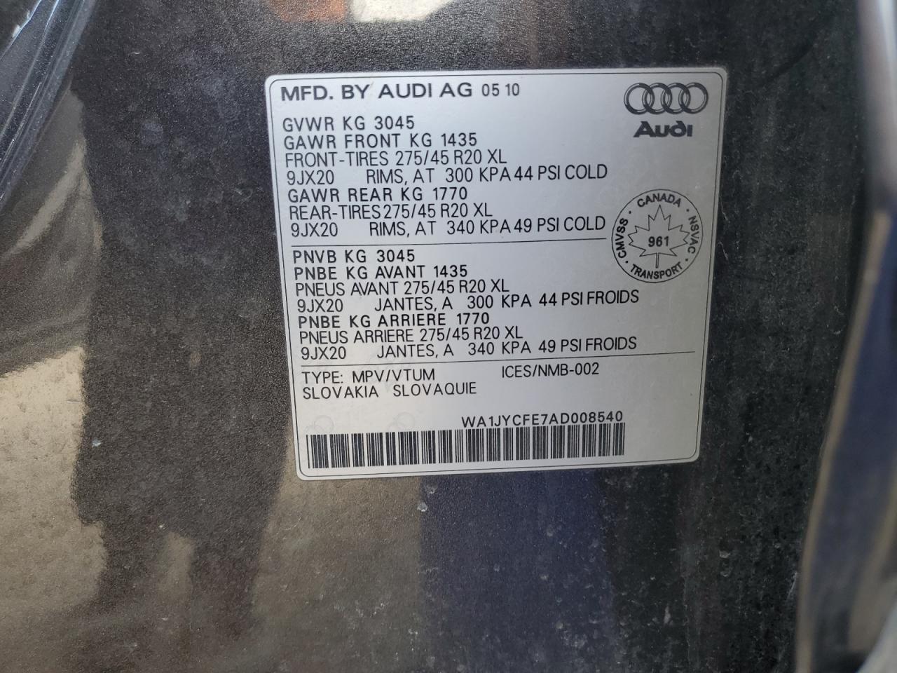 2010 Audi Q7 Premium VIN: WA1JYCFE7AD008540 Lot: 80836135