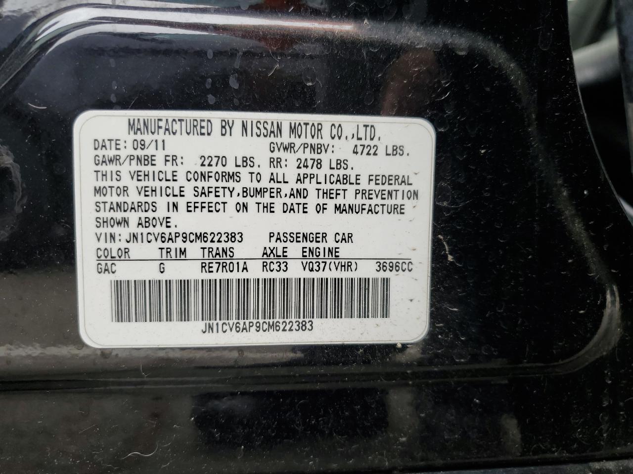 2012 Infiniti G37 Base VIN: JN1CV6AP9CM622383 Lot: 71369255
