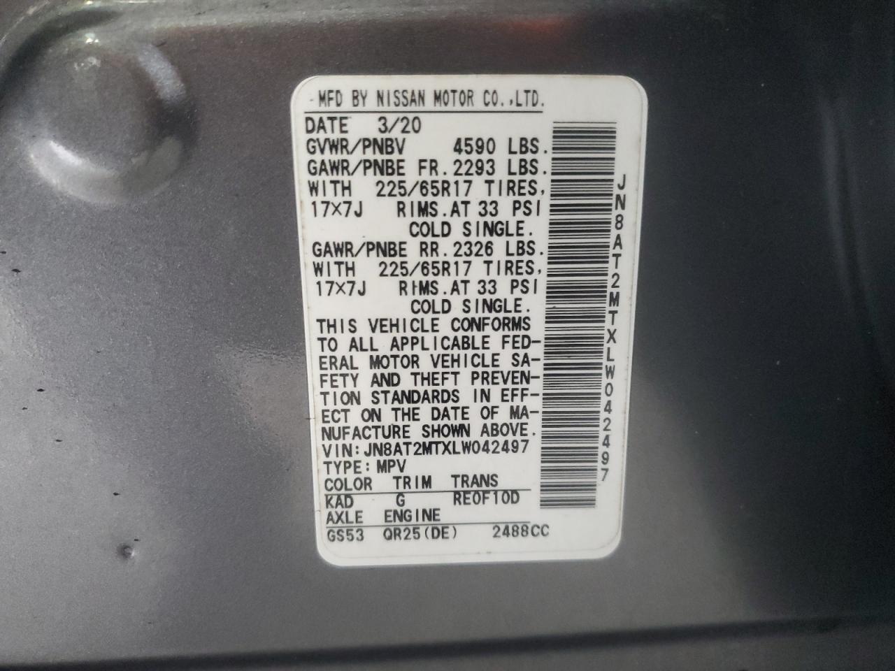 2020 Nissan Rogue S VIN: JN8AT2MTXLW042497 Lot: 80495985