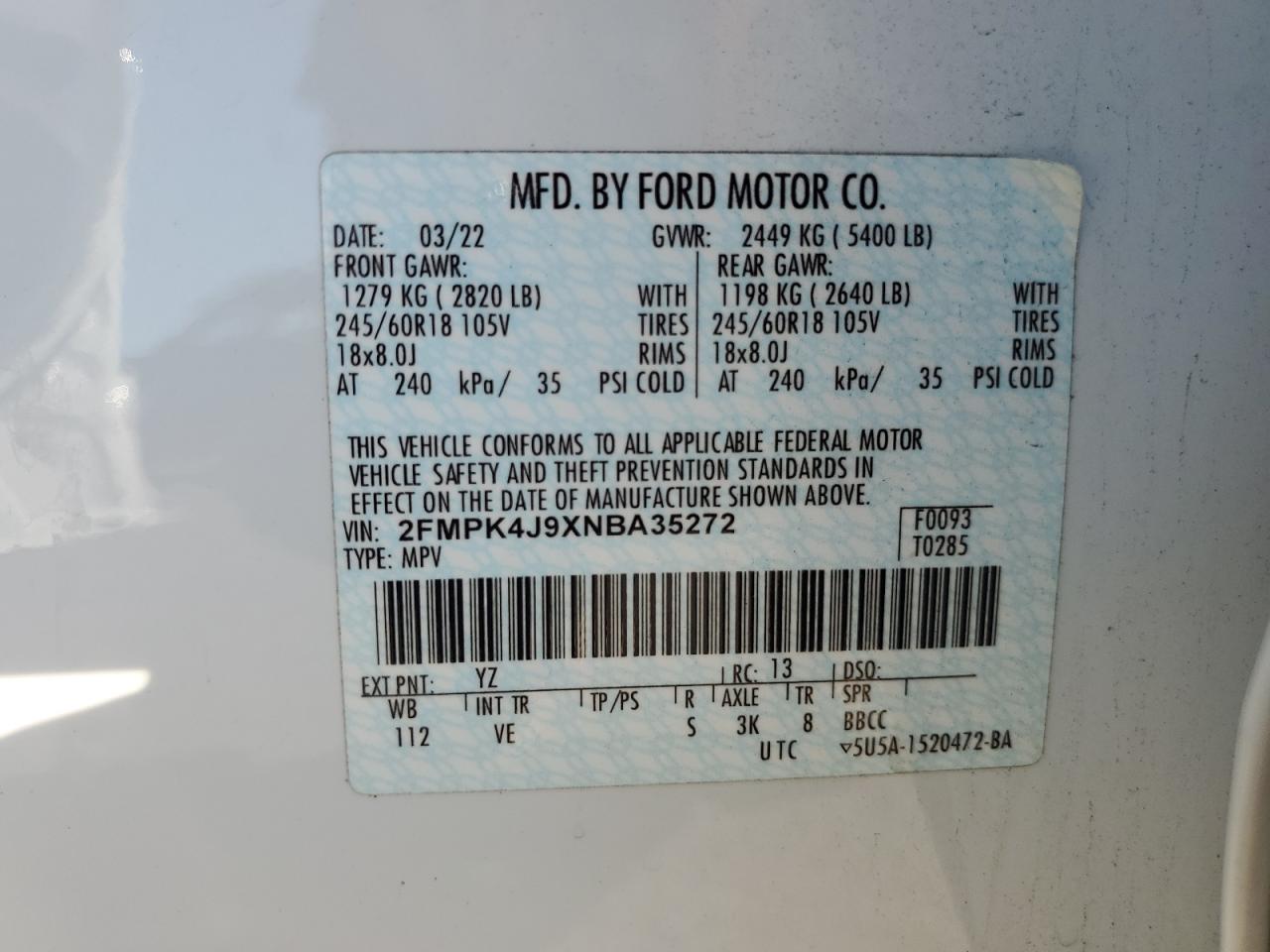 2022 Ford Edge Sel VIN: 2FMPK4J9XNBA35272 Lot: 81313845