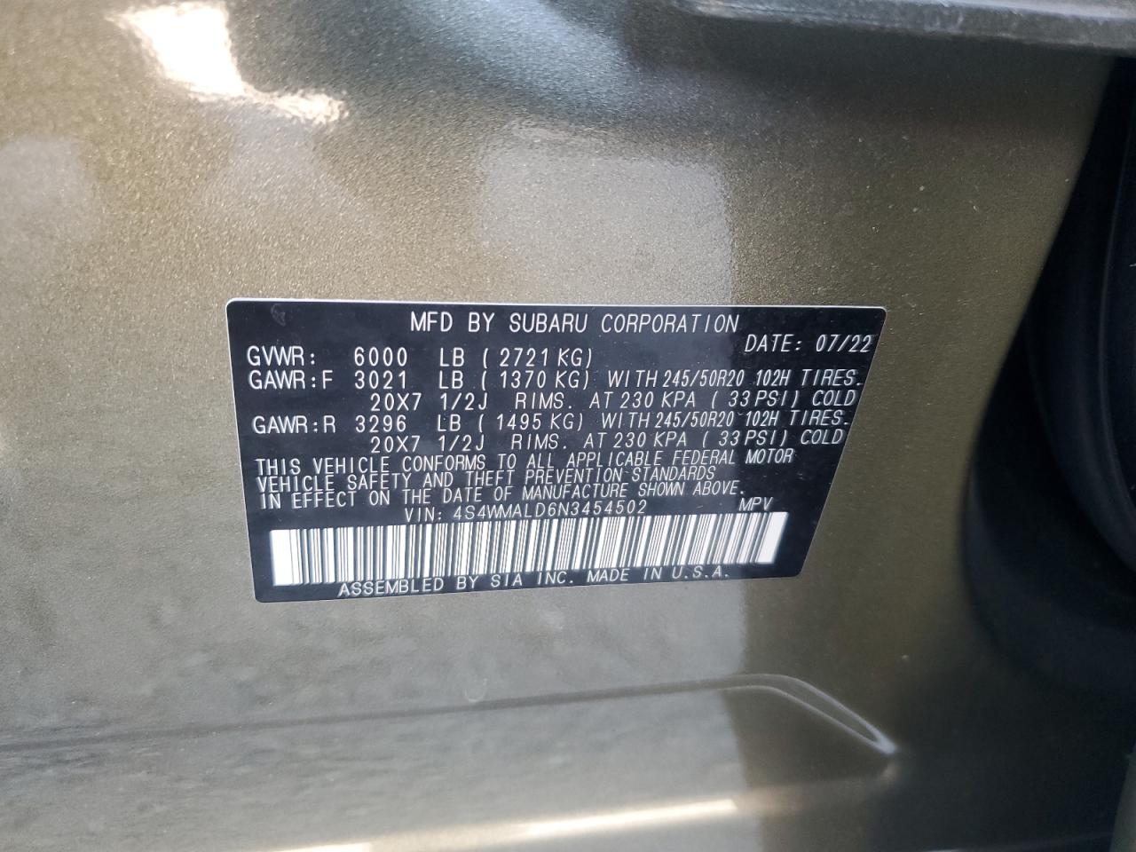 2022 Subaru Ascent Limited VIN: 4S4WMALD6N3454502 Lot: 70582805