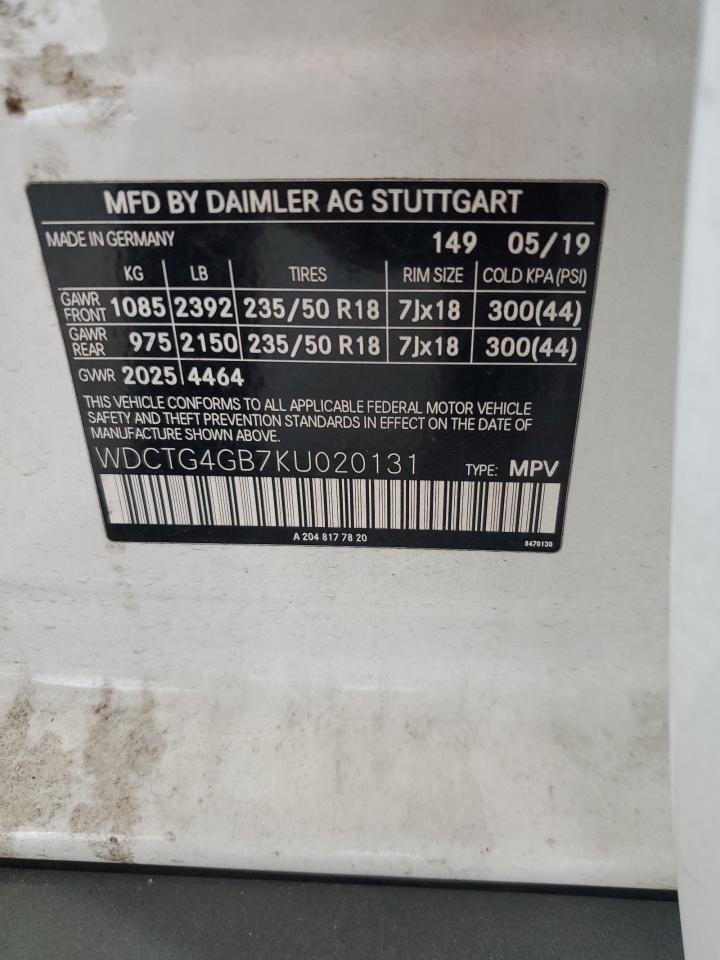 2019 Mercedes-Benz Gla 250 4Matic VIN: WDCTG4GB7KU020131 Lot: 80795035