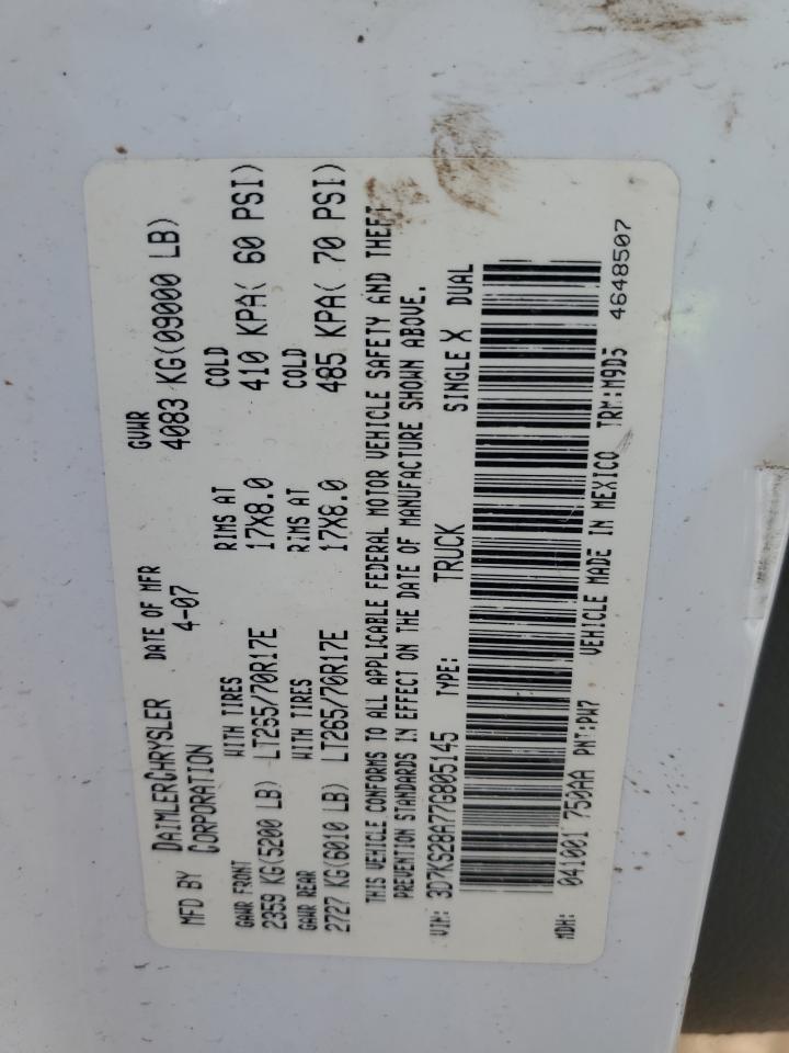 2007 Dodge Ram 2500 St VIN: 3D7KS28A77G805145 Lot: 81730735