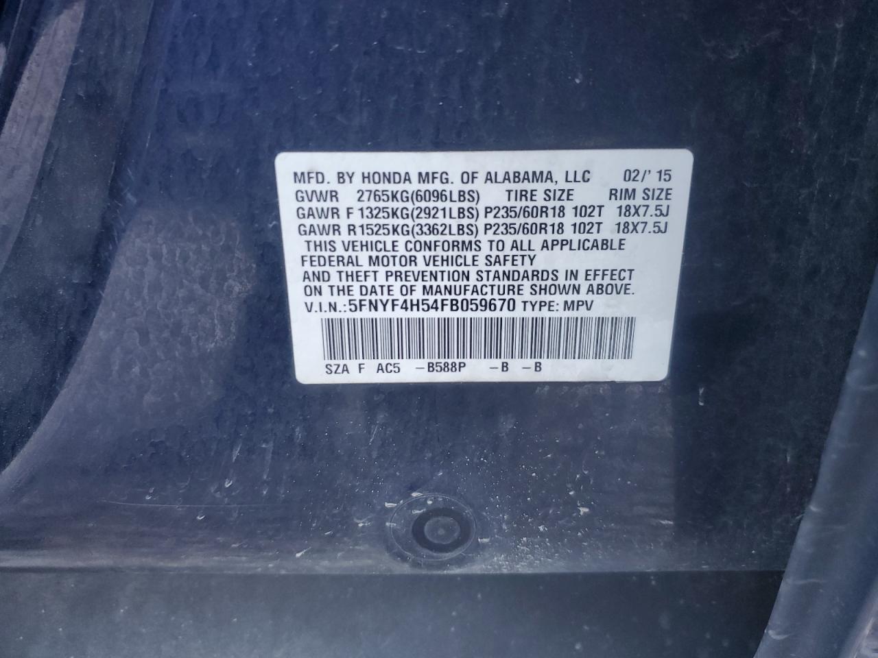 2015 Honda Pilot Exl VIN: 5FNYF4H54FB059670 Lot: 81897065