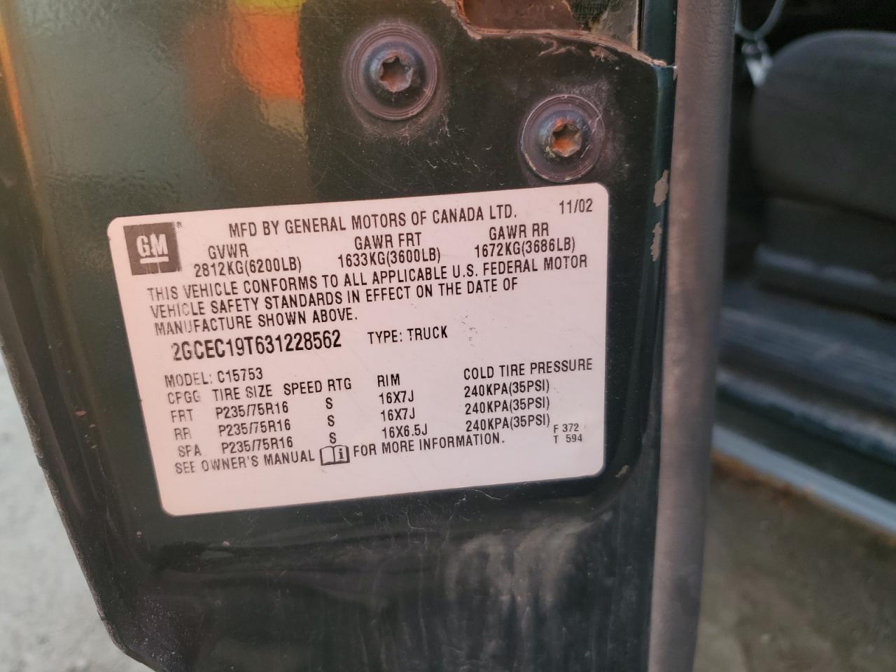 2003 Chevrolet Silverado C1500 VIN: 2GCEC19T631228562 Lot: 83961185