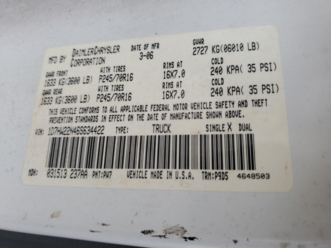 2006 Dodge Dakota St VIN: 1D7HW22N46S634422 Lot: 82048275