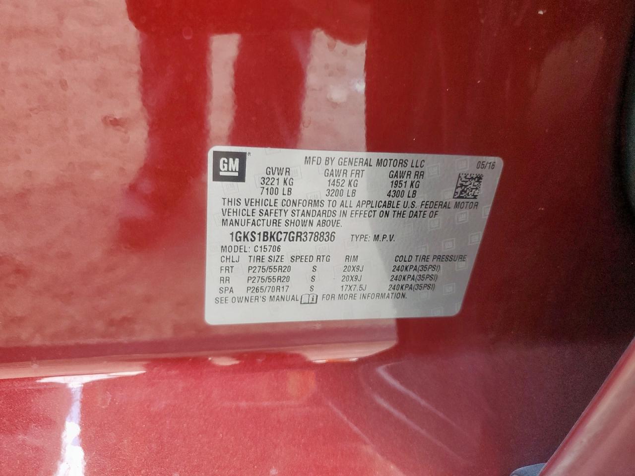 2016 GMC Yukon Slt VIN: 1GKS1BKC7GR378836 Lot: 80875605