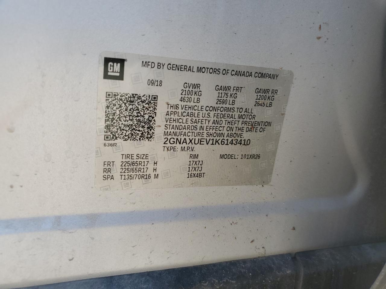 2019 Chevrolet Equinox Lt VIN: 2GNAXUEV1K6143410 Lot: 80360735