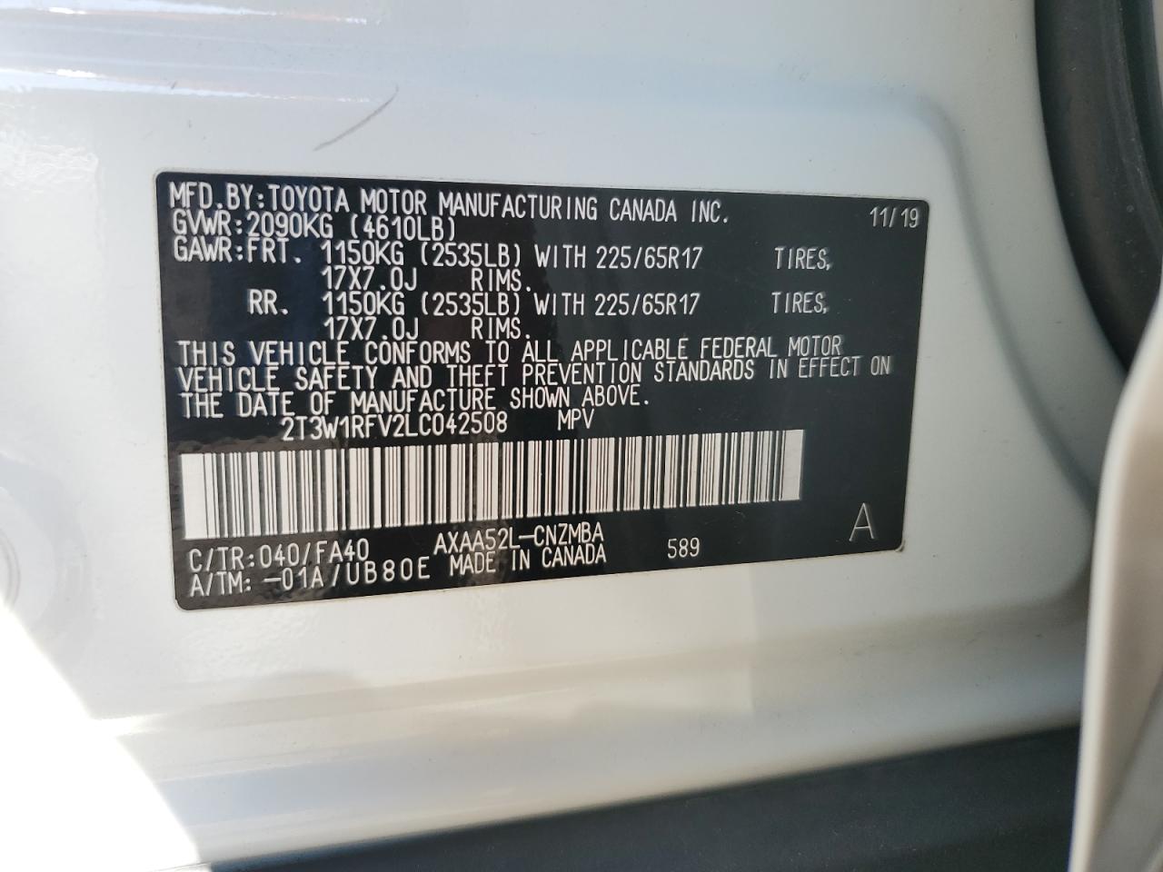 2020 Toyota Rav4 Xle VIN: 2T3W1RFV2LC042508 Lot: 71044715