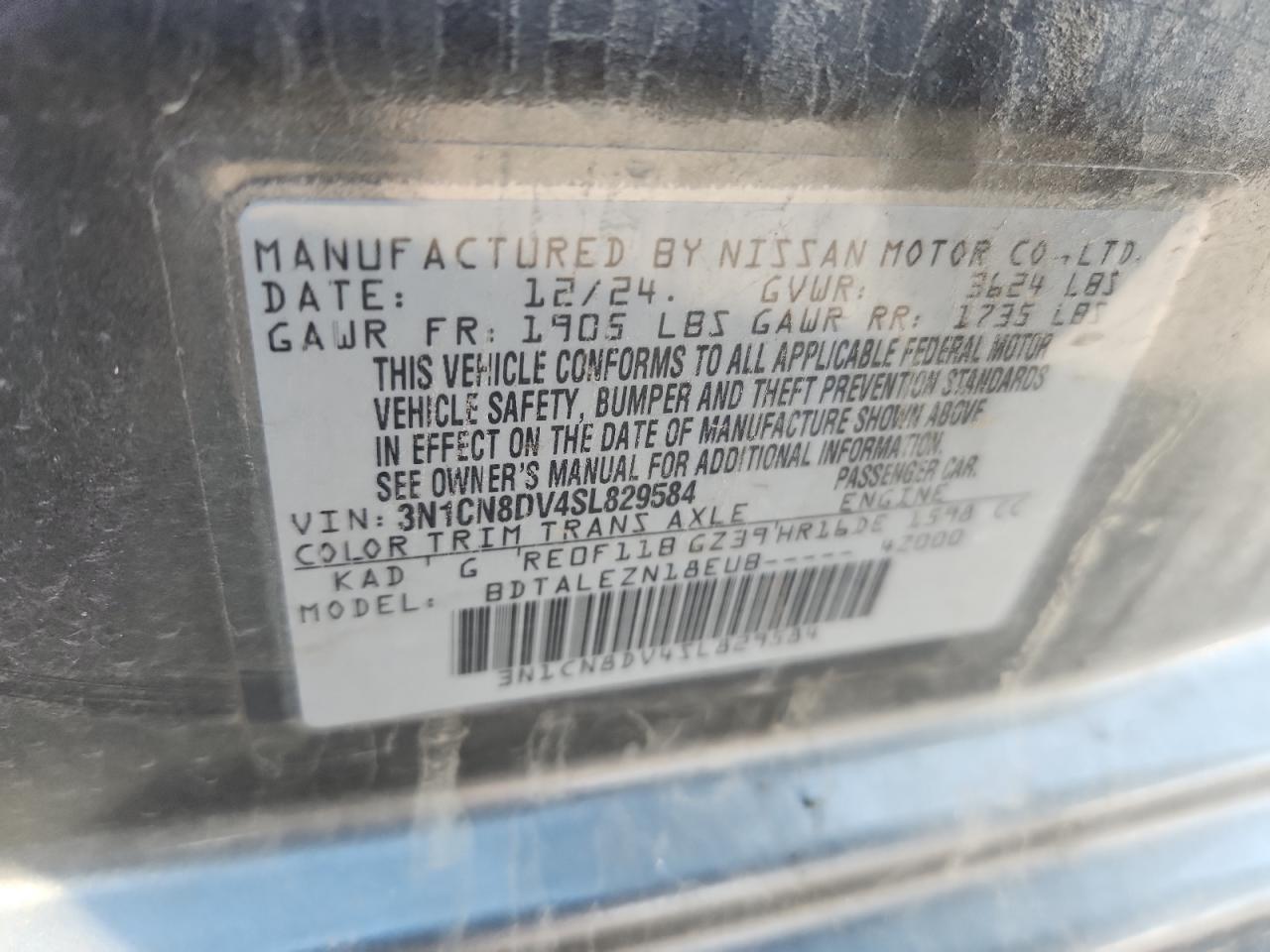 2025 Nissan Versa S VIN: 3N1CN8DV4SL829584 Lot: 82029025