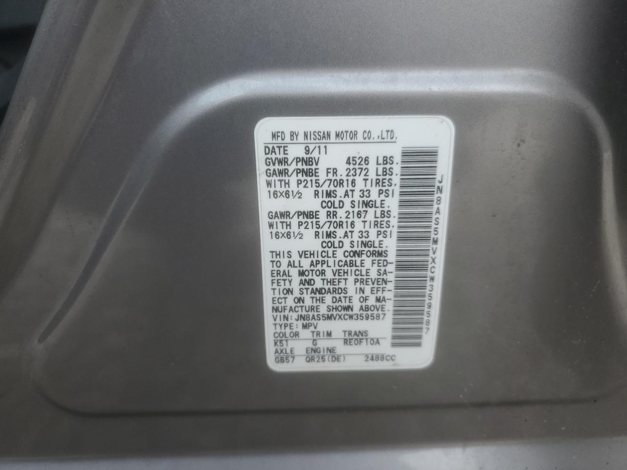 2012 Nissan Rogue S VIN: JN8AS5MVXCW359587 Lot: 81416385