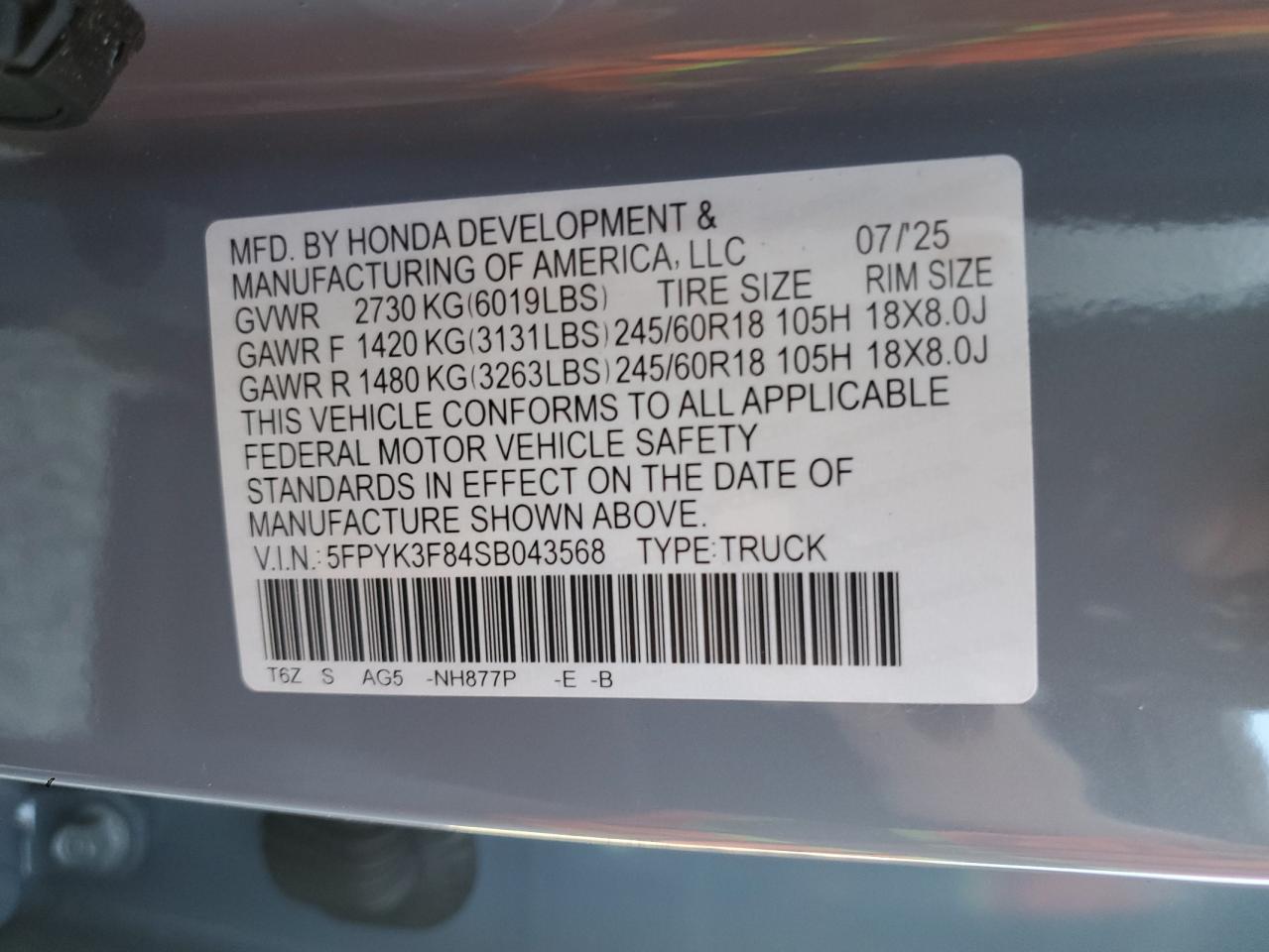 2025 Honda Ridgeline Black Edition VIN: 5FPYK3F84SB043568 Lot: 83956075
