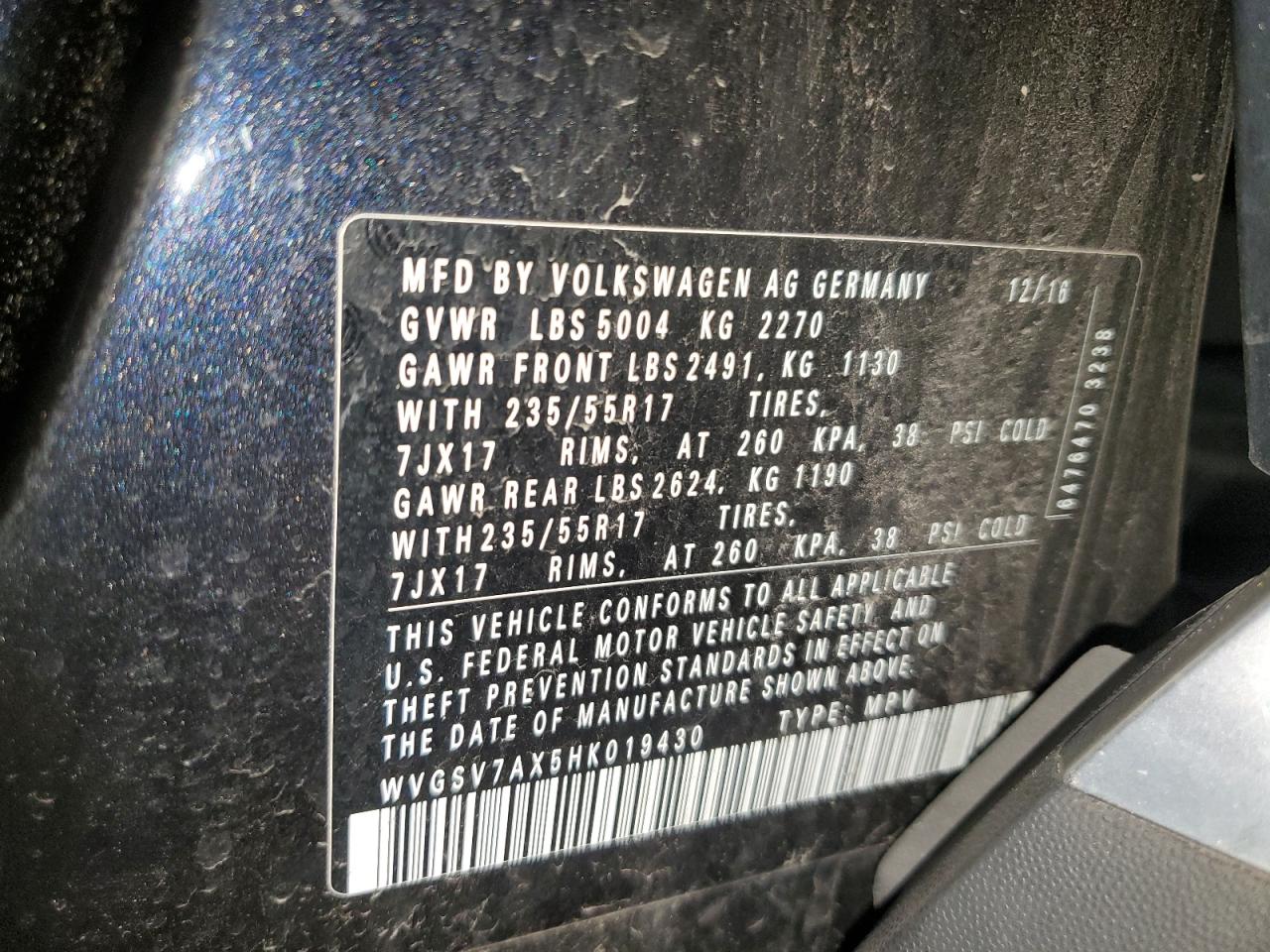 2017 Volkswagen Tiguan Wolfsburg VIN: WVGSV7AX5HK019430 Lot: 81137945