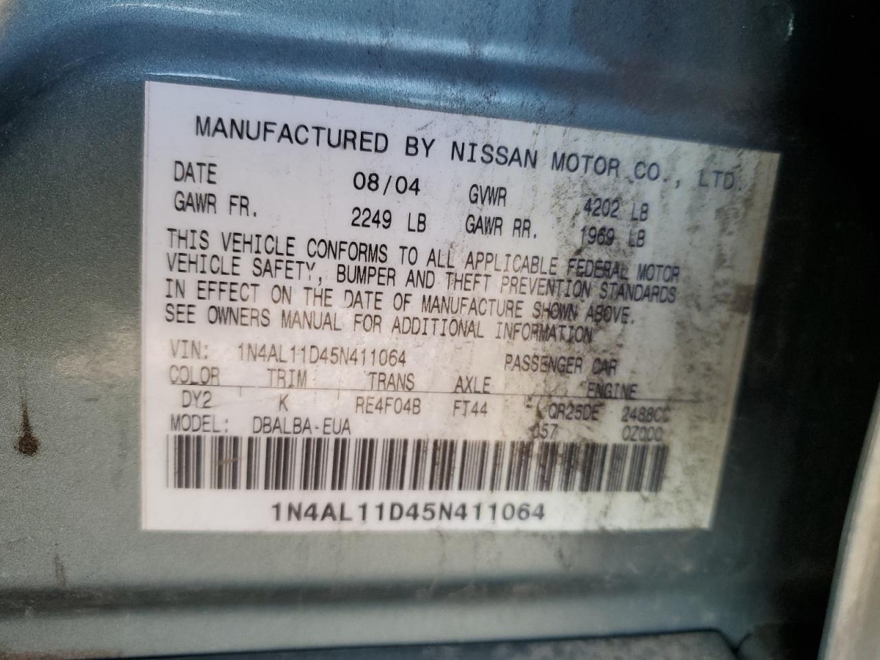 2005 Nissan Altima S VIN: 1N4AL11D45N411064 Lot: 81292395