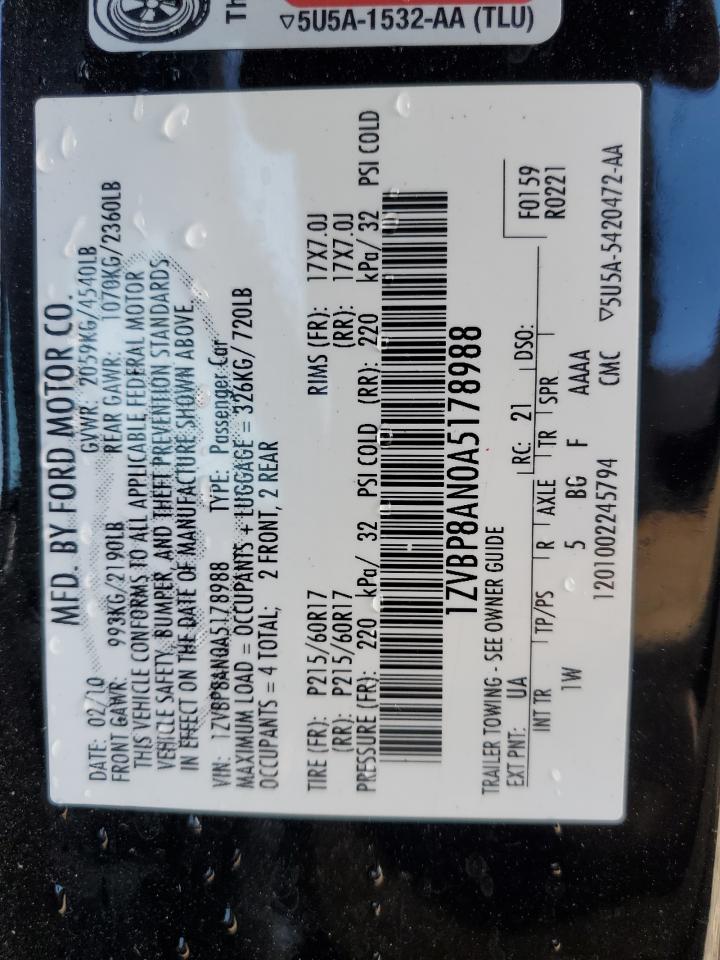 2010 Ford Mustang VIN: 1ZVBP8AN0A5178988 Lot: 71474075
